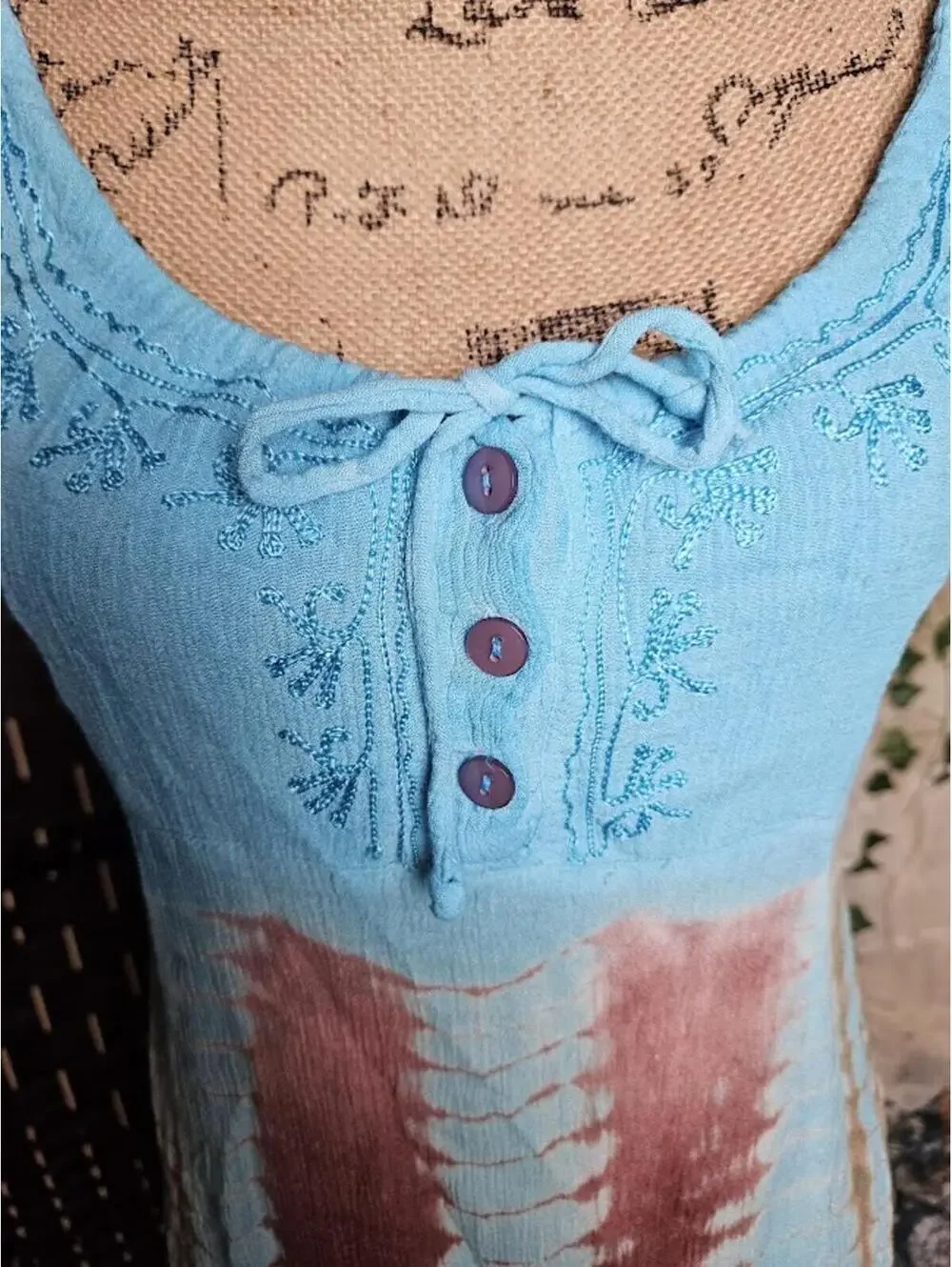 Boho Tie Dye Turquoise Dress Fairycore Cottagecore Festival Embroidered Sundress - Picture 2 of 6
